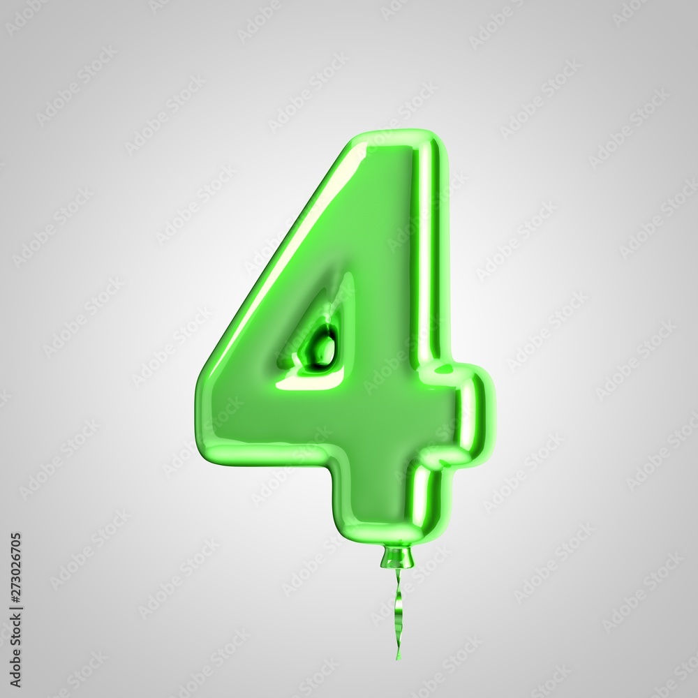 Fototapeta premium Shiny metallic green balloon number 4 isolated on white background