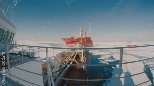 Russia, the Pechora Sea, a tanker vessel swims to the platform 