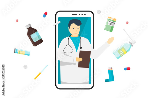 Vector modern flat concept web banner design on mobile phone with medical assistance doctor consultation medications online featuring with pharmaceutical medicines