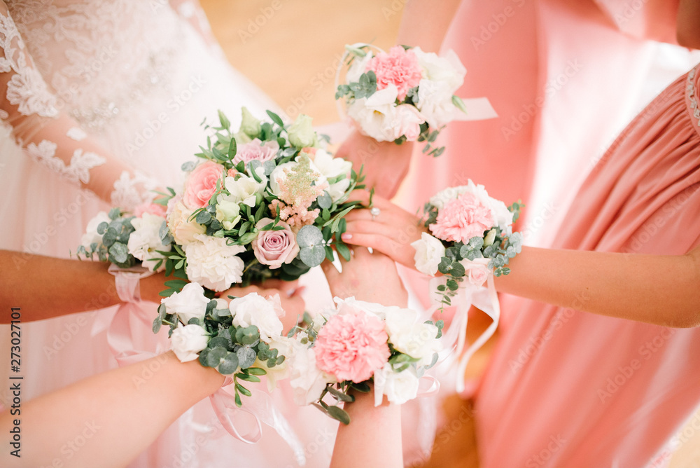 Bridesmaids bridesmaids from flowers on their hands Bridesmaids bridesmaids from flowers on their hands