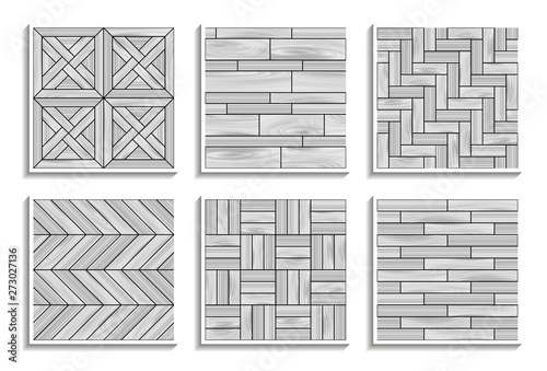 Set of gray seamless parquet textures. Black-and-white patterns of wood materials