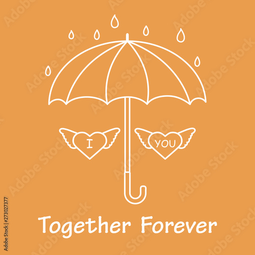 Two hearts with wings under an umbrella.