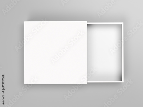 Slider box. White blank open box mock up. On gray background. 3d rendering illustration