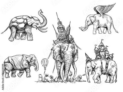 Set of Fantasy elephant line hand drawn digital painting