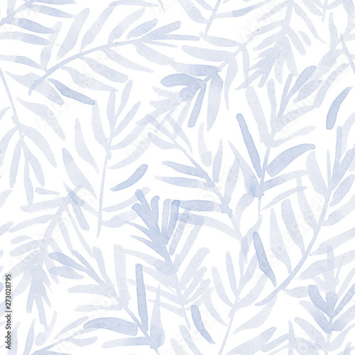 Watercolour seamless tropical pattern. Hand painted artistic ornament for creative design of posters, cards, banners, invitations, cloths, prints and wallpapers. Paper texture. Pastel blue colour.