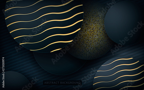 Dark abstract background with black circle overlap layers. Realistic texture golden element decoration.