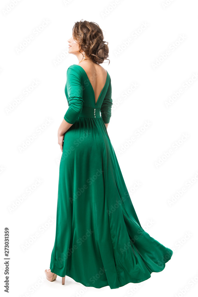 Fashion Model in Long Dress Back view, Woman Beauty in Gown Rear view, Full Length on White