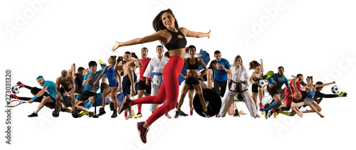 Sport collage. Tennis, soccer, taekwondo, fitness, bodybuilding, fighter and basketball players