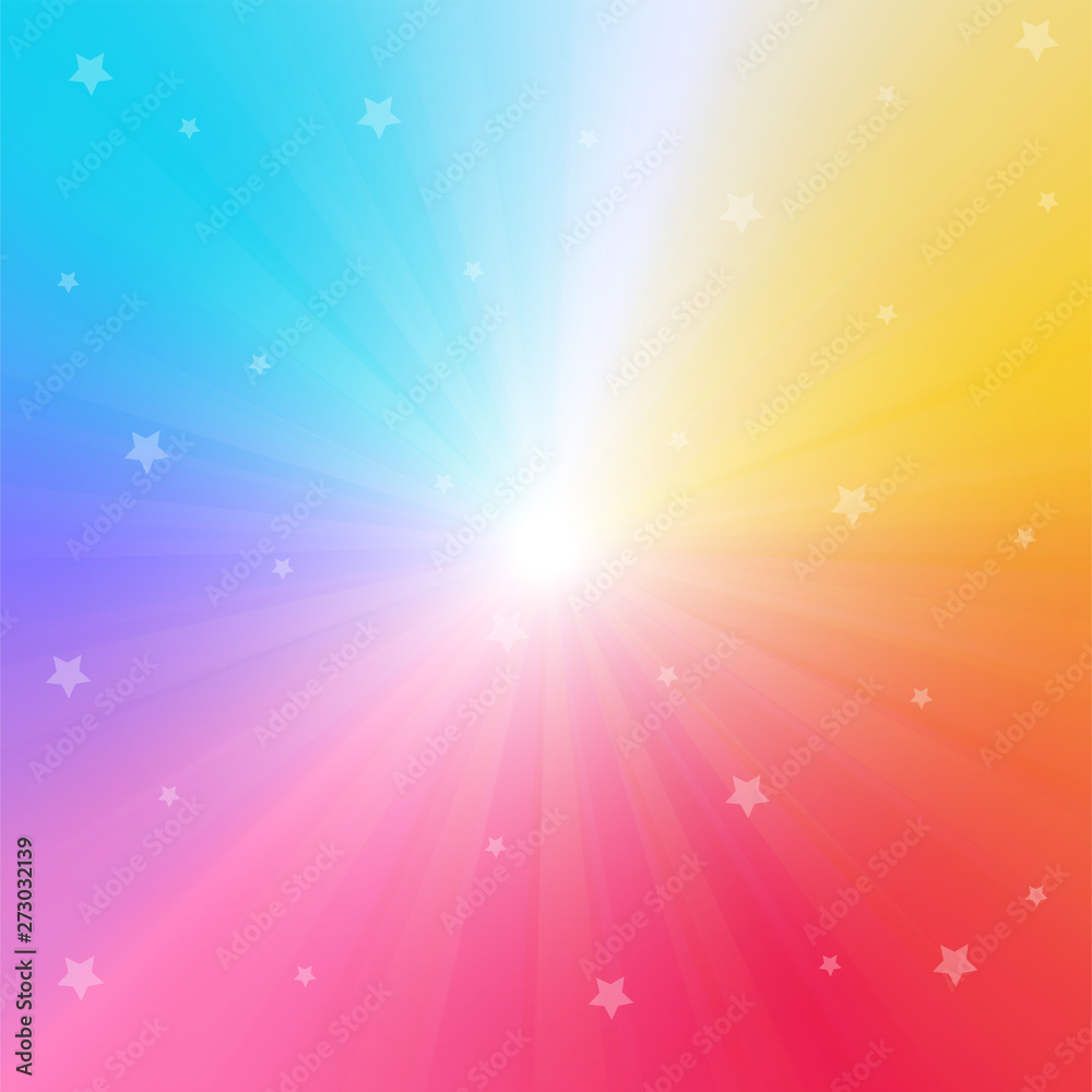 rainbow gradient background with bright rays and sparkling stars.Vector Illustration.