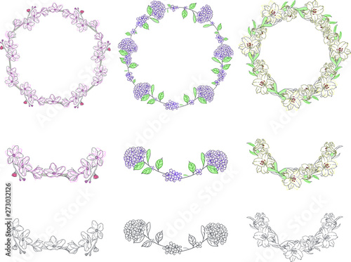 Set of beautiful wreath. Handdrawn floral elements