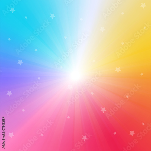 rainbow gradient background with bright rays and sparkling stars.Vector Illustration.