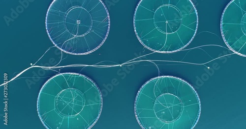 AERIAL: Salmon fish farm near Bergen, Norway.