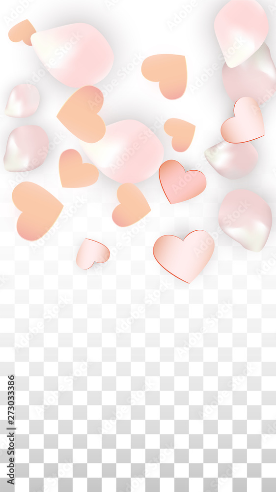 Vector Realistic Petals and Hearts Confetti. Flying Sakura and Hearts on Transparent Background. Wedding Invitation Background. Spring Romance Poster. Vector Illustration for Anniversary Design.