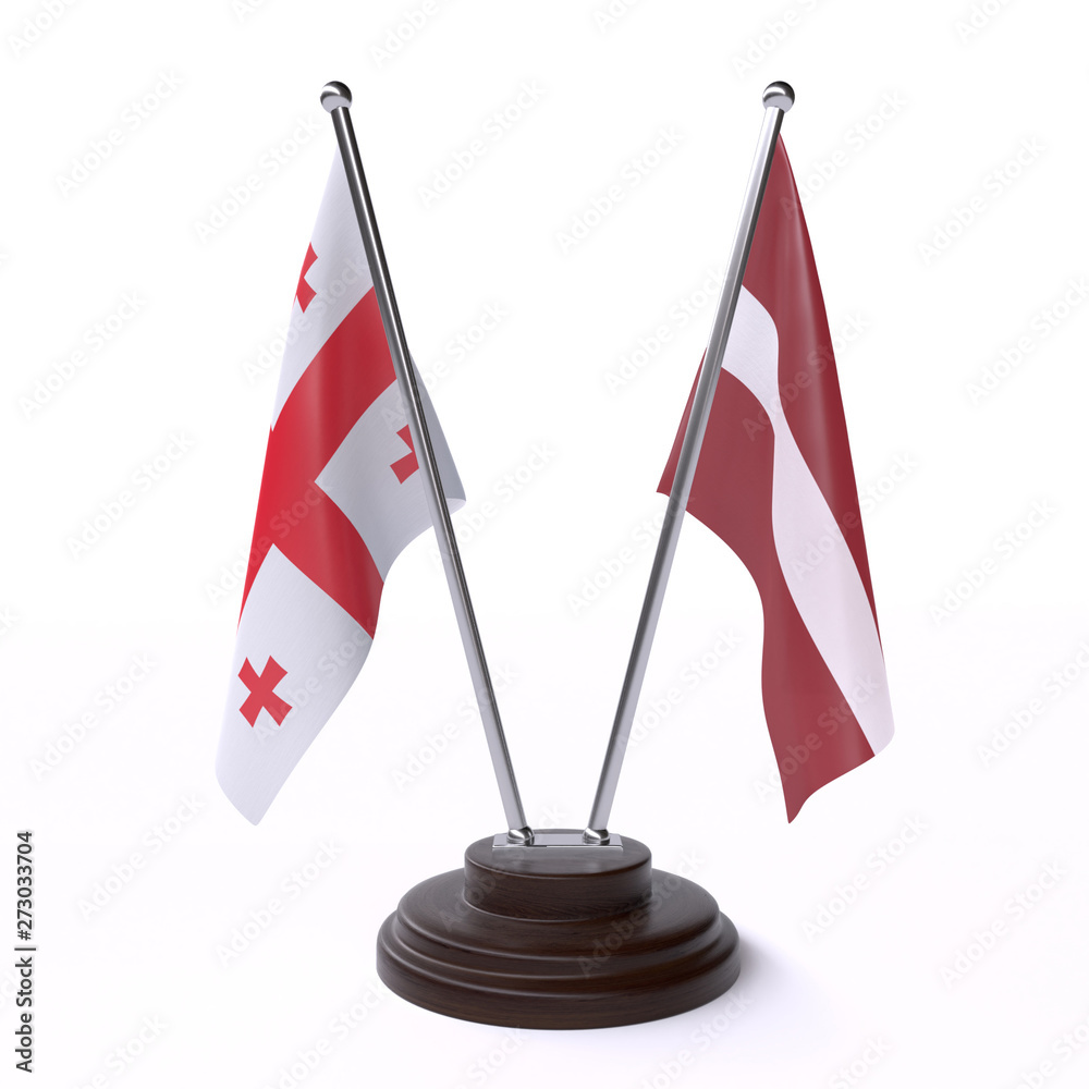 Georgia and Latvia, two table flags isolated on white background. 3d image