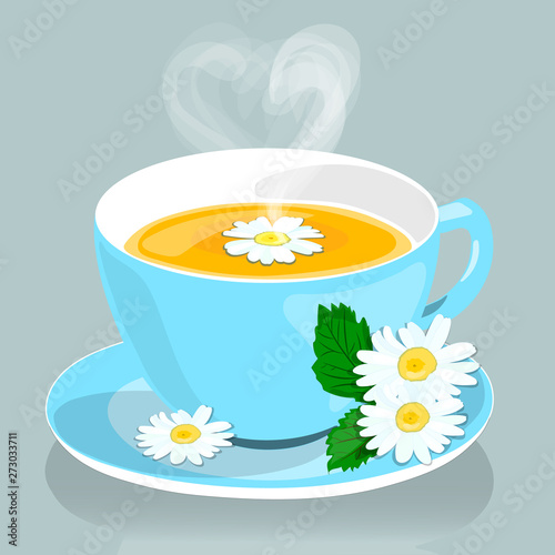 Chamomile. Chamomile tea. Blue mug and saucer. Cup of tea.Vector