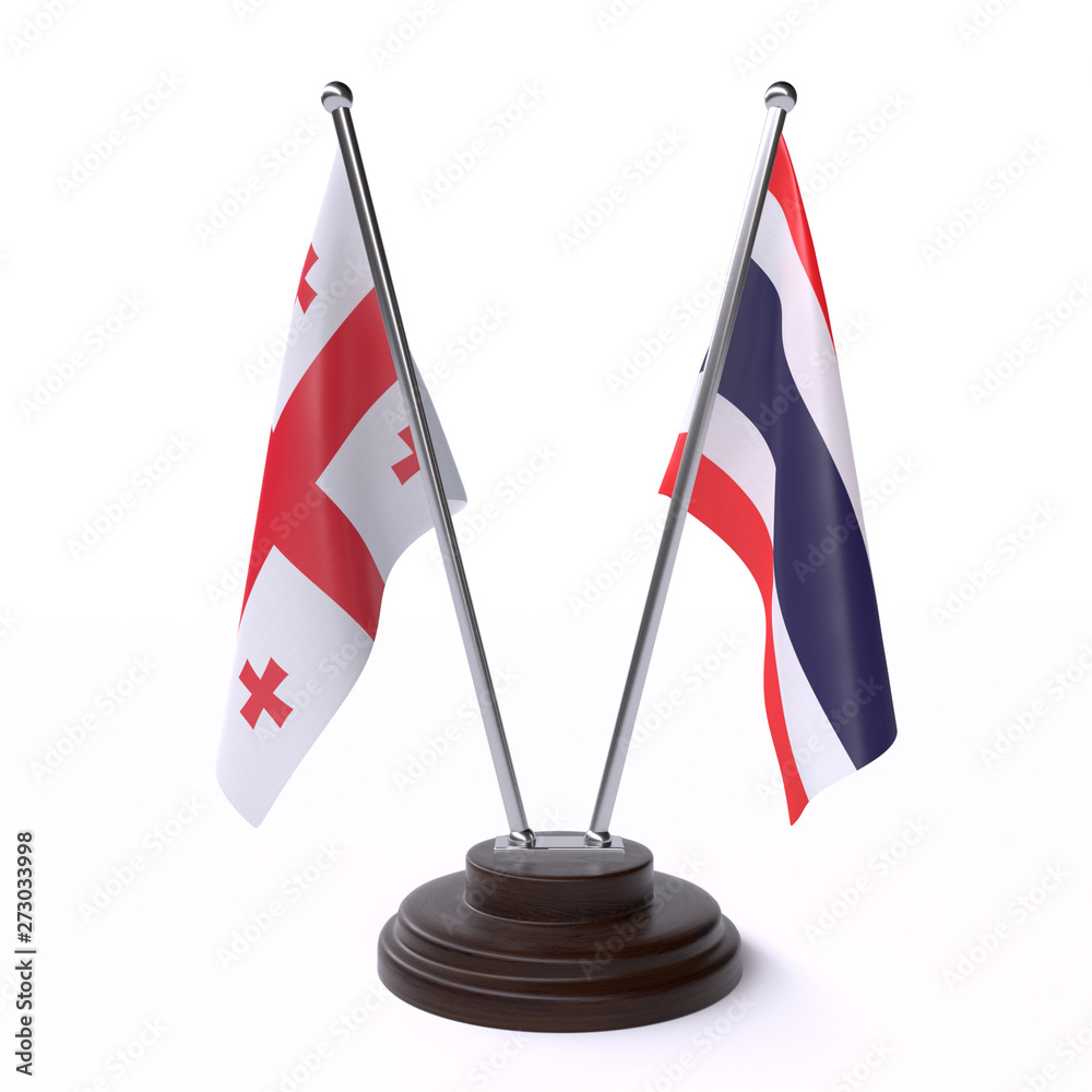 Georgia and Thailand, two table flags isolated on white background. 3d image