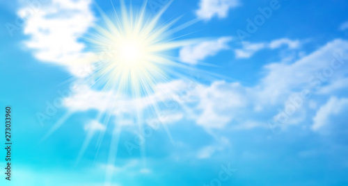 Vector bright realistic background with blue sky  clouds and sun.