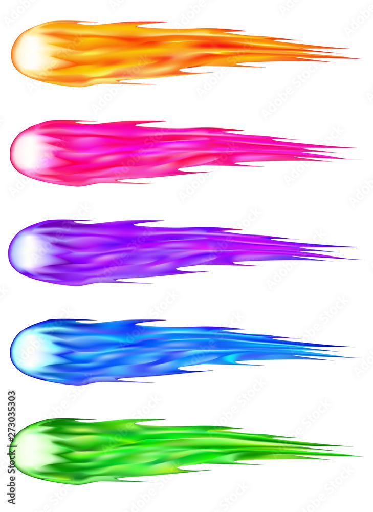 Comets of orange, pink, purple, blue and green