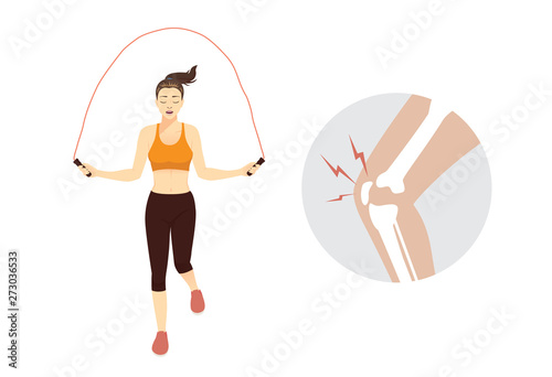 Healthy Woman while jump Skipping Rope and knee pain. Illustration about Injury from Exercise.