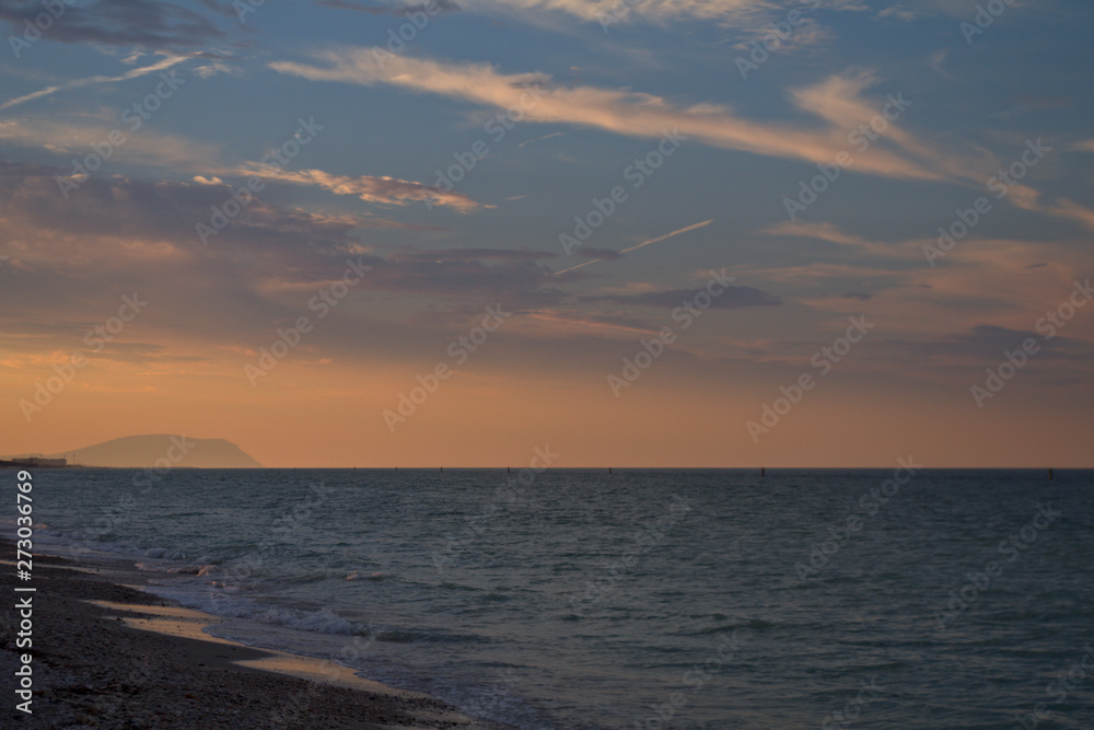 sunset over the sea,Adriatic cea,Italy,seascape,nature,clouds,horizon,coast, beautiful,orange,waves, evening,  