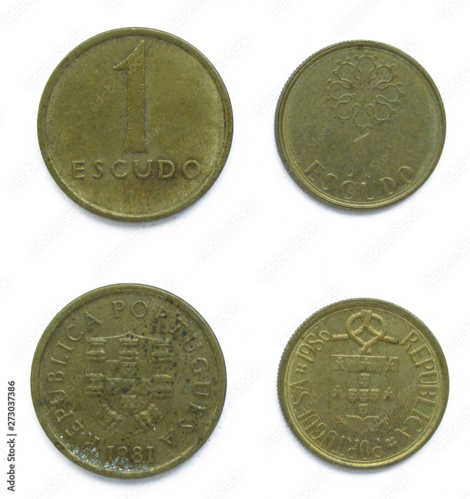 Φωτογραφία Set of 2 (two) different years Portuguese 1 (one) Escudo nickel brass coins lot 1981, 1986 year, Portugal