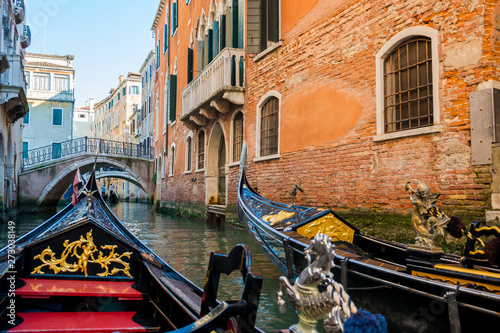 View of the Canal from a gondola in Venice, Italy.