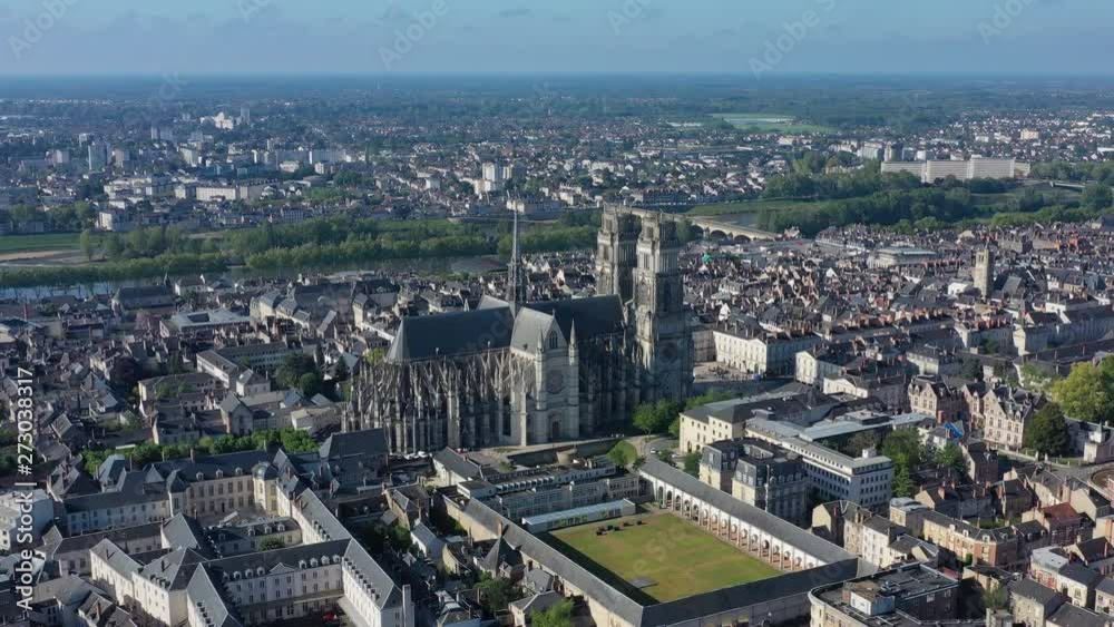 Aerial view of Orleans cityscape, historic centre of city, majestic medieval gothic Cathedral of the Holy Cross of Orléans, Loire river in background - landscape panorama of France from above, Europe Aerial view of Orleans cityscape, historic centre of city, majestic medieval gothic Cathedral of the Holy Cross of Orléans, Loire river in background - landscape panorama of France from above, Europe