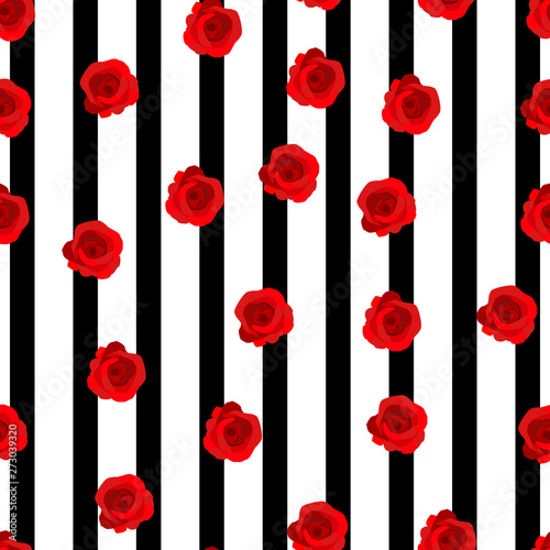 Vector vintage red roses and leaves on black striped background seamless repeat pattern. Great for retro fabric, wallpaper, scrapbooking projects.
