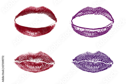 a set of beautiful clear lipstick prints of different shades and shapes. isolated on white background