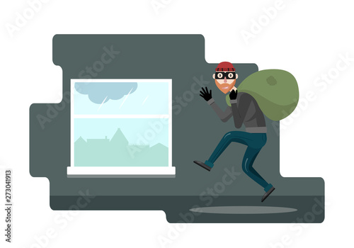 Funny thief character. Vector illustration. Bandit with bag. The robber in the mask comes out through the window