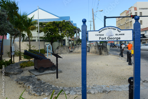 Sign of Fort George on Maritime Heritage Trail in downtown George Town, Grand Cayman, Cayman Islands. © Wangkun Jia