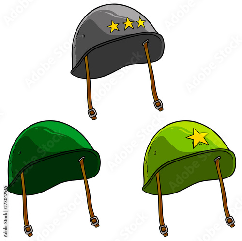 Cartoon old retro metal soviet or american soldier helmets with yellow stars. Isolated on white background. Vector icon set.