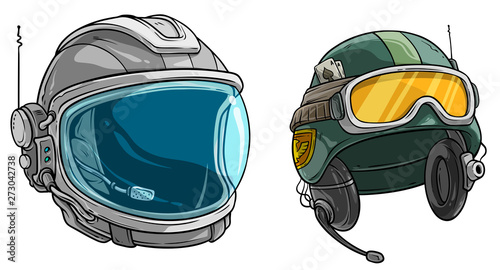 Cartoon colorful astronaut space protective helmet with clear glass visor. Modern army protective soldier helmet with glasses. Isolated on white background. Vector icon set.