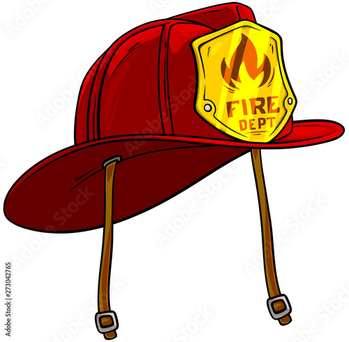 Cartoon red firefighter helmet with golden badge. Isolated on white background. Vector icon.