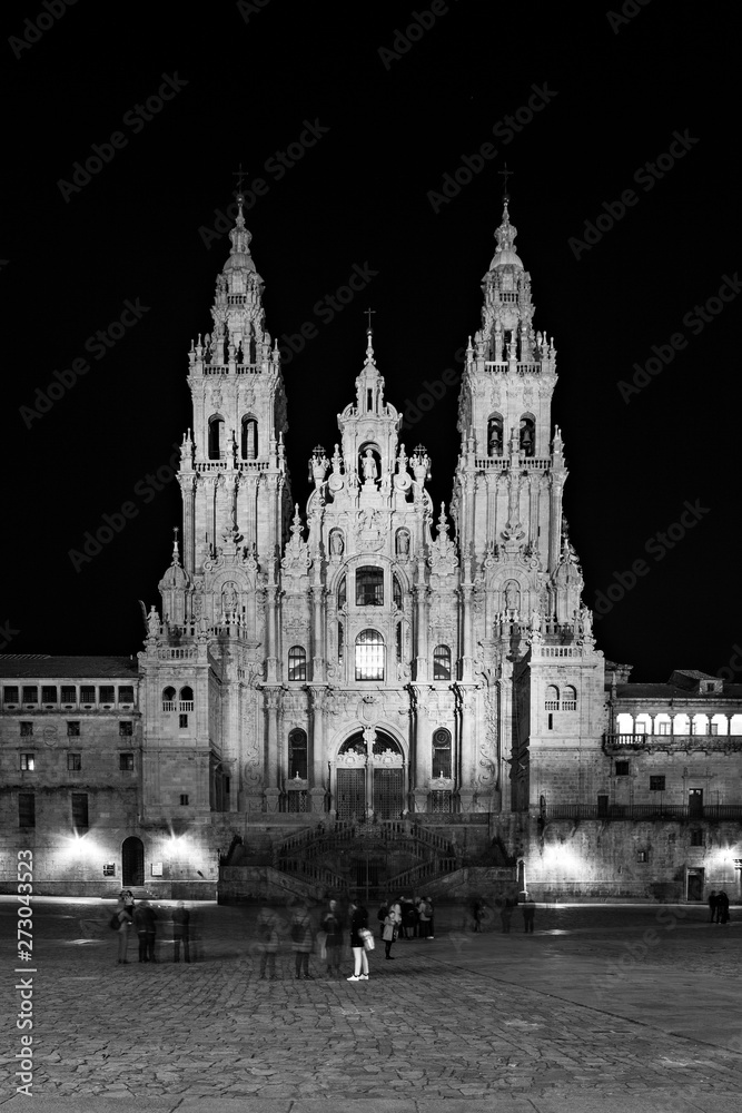 Santiago de Compostela Cathedral at night. Black and white photography Santiago de Compostela Cathedral at night. Black and white photography