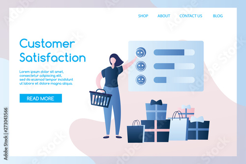 Сustomer satisfaction landing page template,online shop with shopping bags and gifts
