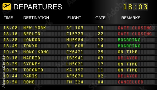 Flight information display system in international airport, cancelled and delayed flights
