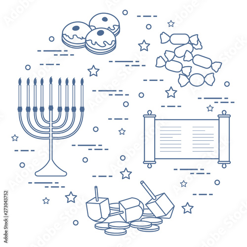 Jewish holiday Hanukkah: dreidel, sivivon, menorah, coins, donuts and other. photo