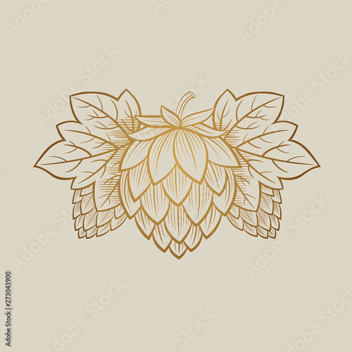 Golden Hop Cone. Hop cone logo. Beer Cones Illustration. Three Hops and Leaves. Engraving Style.