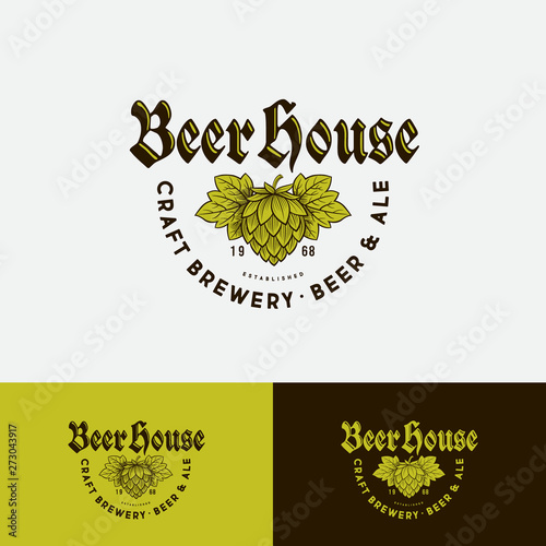 Beer House Logo. Brewing Company Logo. Beer Pub emblem on Different Backgrounds. Hop Cones and Typographic Composition. 