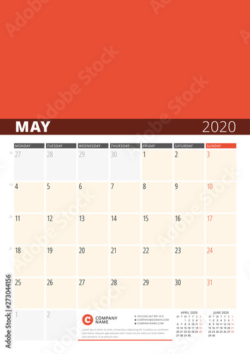 Wall Calendar Planner for 2020 Year. Vector Design Print Template with Place for Photo. Week Starts on Monday. 3 Months on Page. May 2020