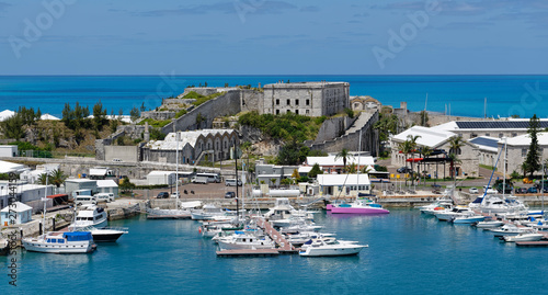 Overlook of marina and Royal Naval Dockyard buildings at King's Wharf on Ireland Island, Bermuda