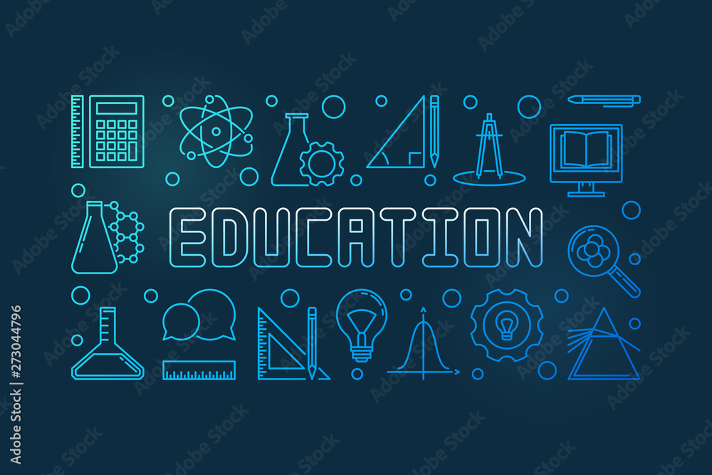 Education vector concept blue outline horizontal banner or illustration on dark background