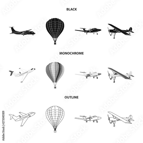 Vector illustration of plane and transport symbol. Collection of plane and sky vector icon for stock.