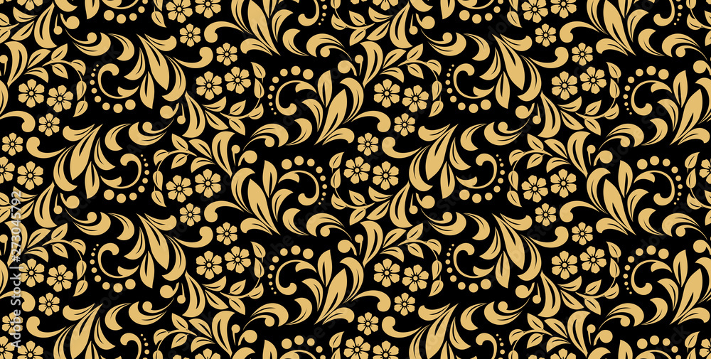 Flower pattern. Seamless gold and black ornament. Graphic vector background. Ornament for fabric, wallpaper, packaging