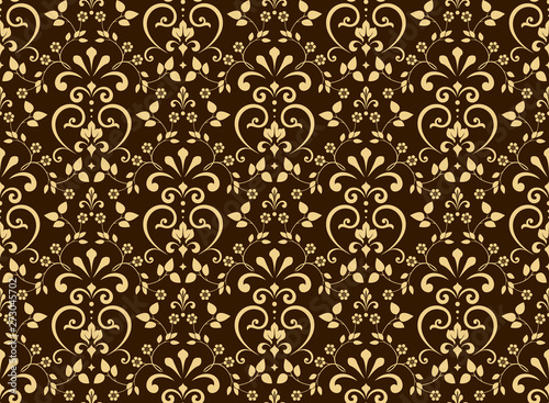 Wallpaper in the style of Baroque. Seamless vector background. Brown and gold floral ornament. Graphic pattern for fabric, wallpaper, packaging. Ornate Damask flower ornament