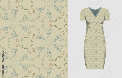 Abstract round seamless pattern wiht brown, green, blue leaves and mock up dress whith this ormnament on grey background. Vector nature elegant texture for fabric, textile, bedlinen, undergarment. photo