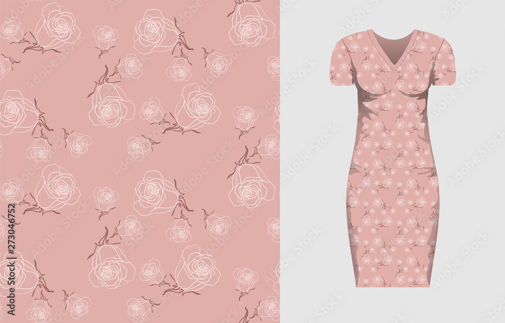 Abstract pink seamless pattern with roses, leaves and mock up dress with shorp sleeve with this ormnament isolated. Vector nature elegant texture for fabric, textile, bedlinen, undergarment.