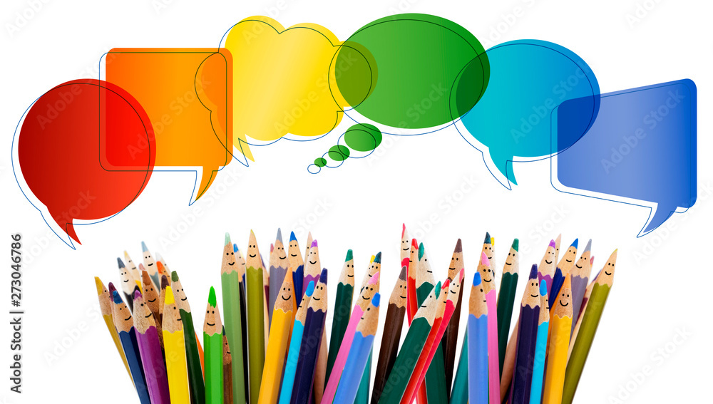 Social network communication. Colored pencils funny faces of people smiling.  Talking. Group of people talking. Dialogue group of people. Crowd. Diverse  People and different culture. Isolated Stock Illustration | Adobe Stock