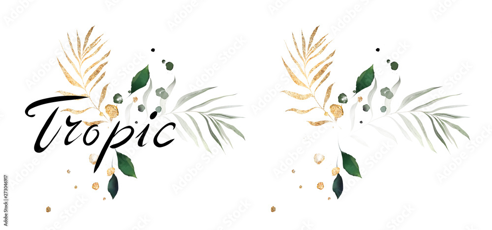  watercolor tropic logo. card with illustration leaves. Green Exotic leaf isolated on white background. composition for invitation